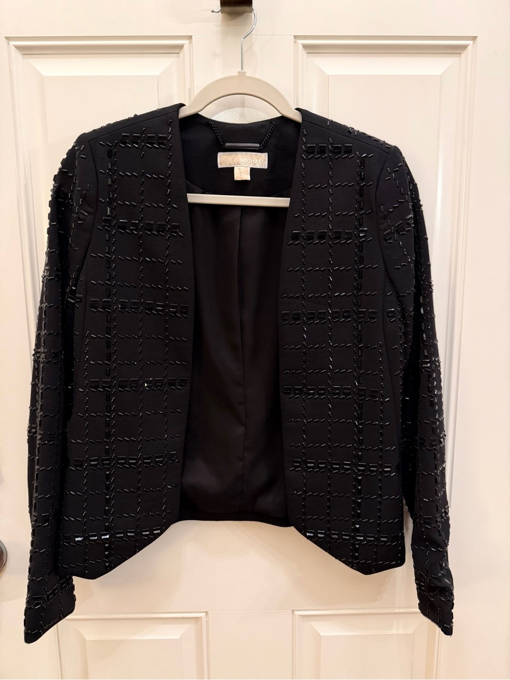 Michael Kors Black Beaded Grid Open Front Jacket Size 2